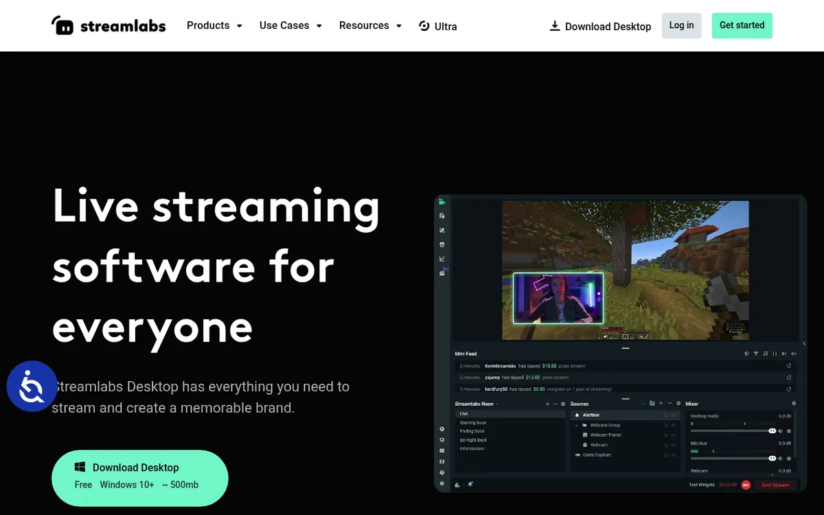 Streamlabs Desktop page, free live streaming software for Windows with alerts, scenes and an audio mixer