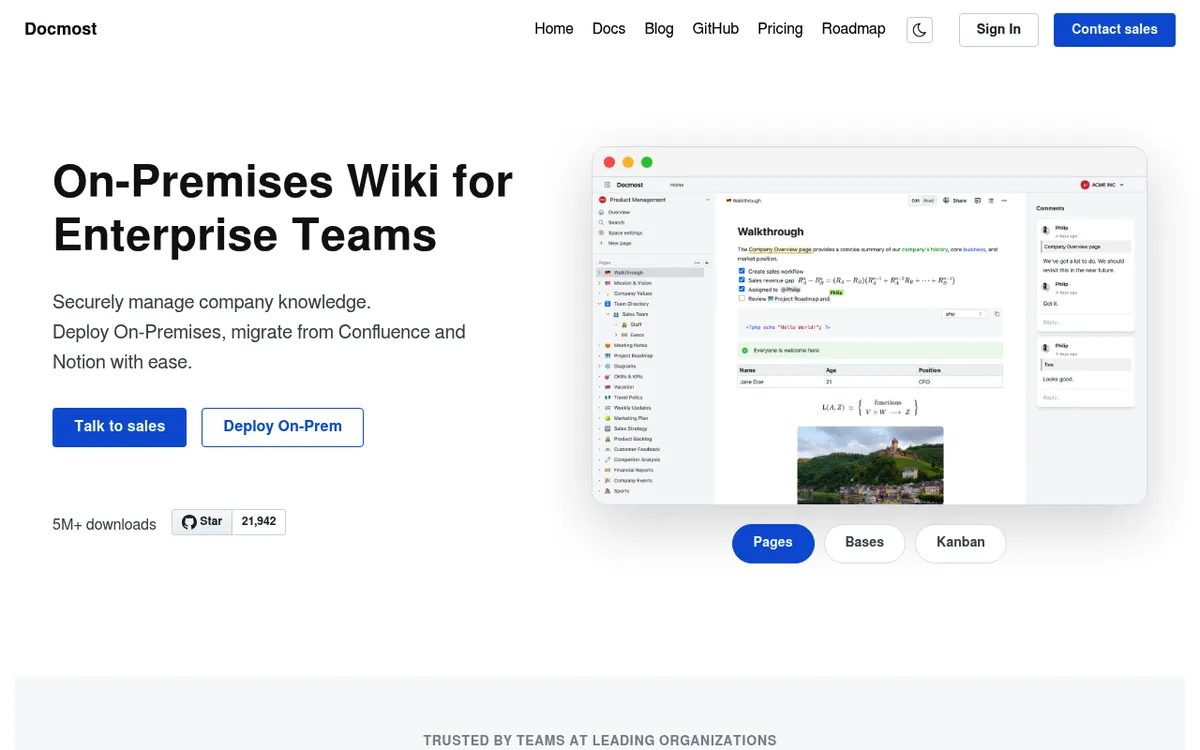 Docmost homepage, an open source on premises wiki with real time collaboration, spaces and Kanban boards