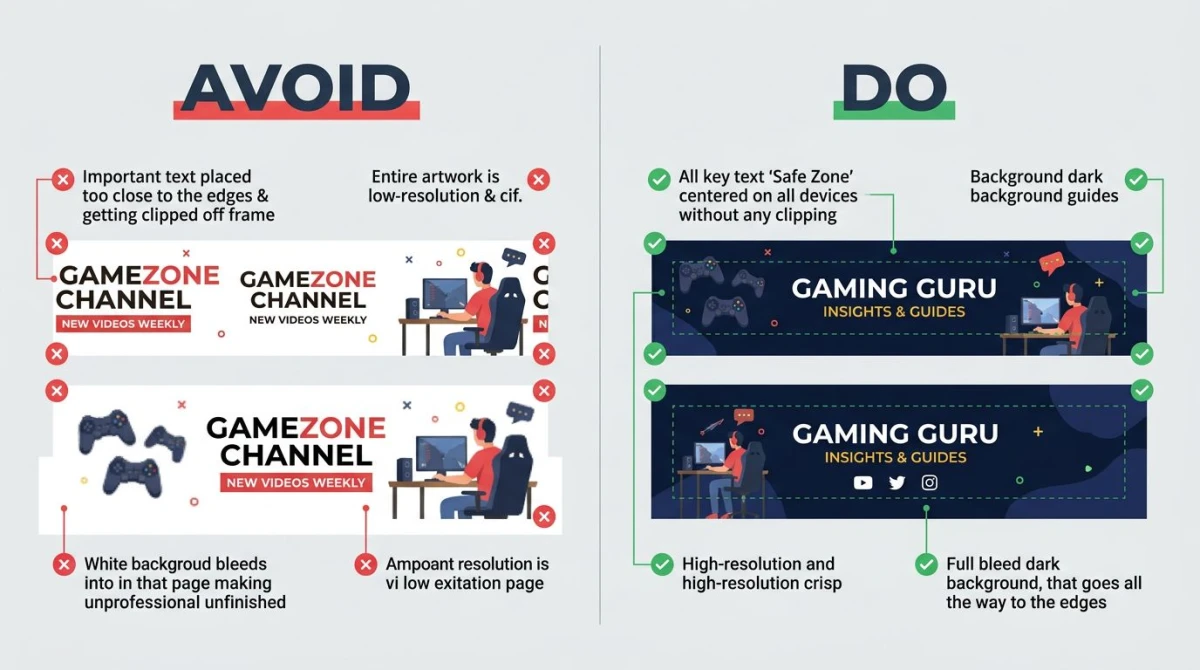 Comparison of YouTube banner mistakes versus best practices with cropped edges vs centered safe-zone text