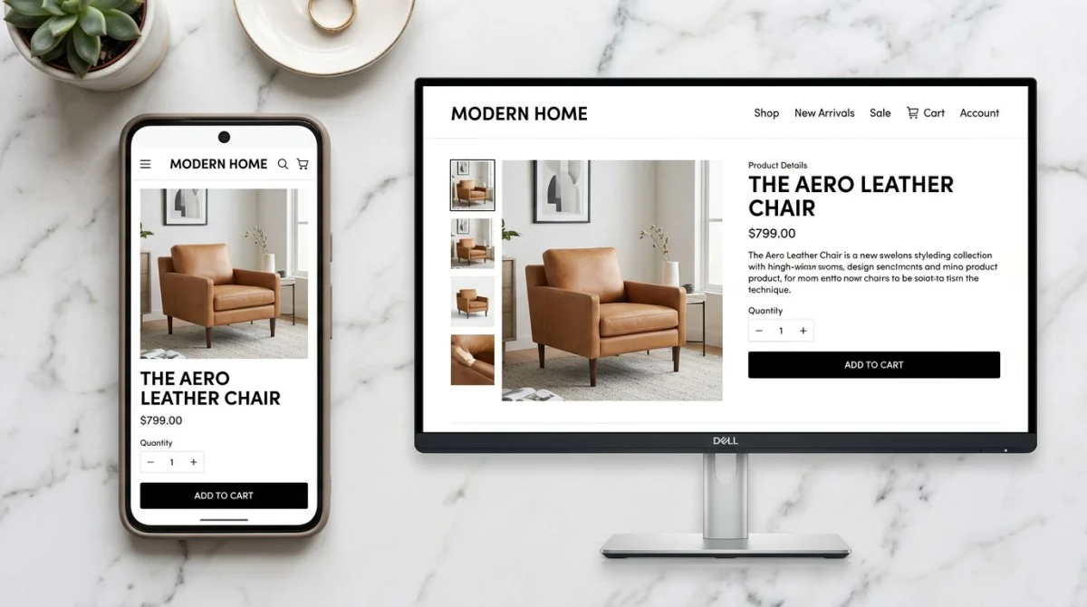 Same Shopify storefront viewed on desktop and mobile showing responsive image cropping