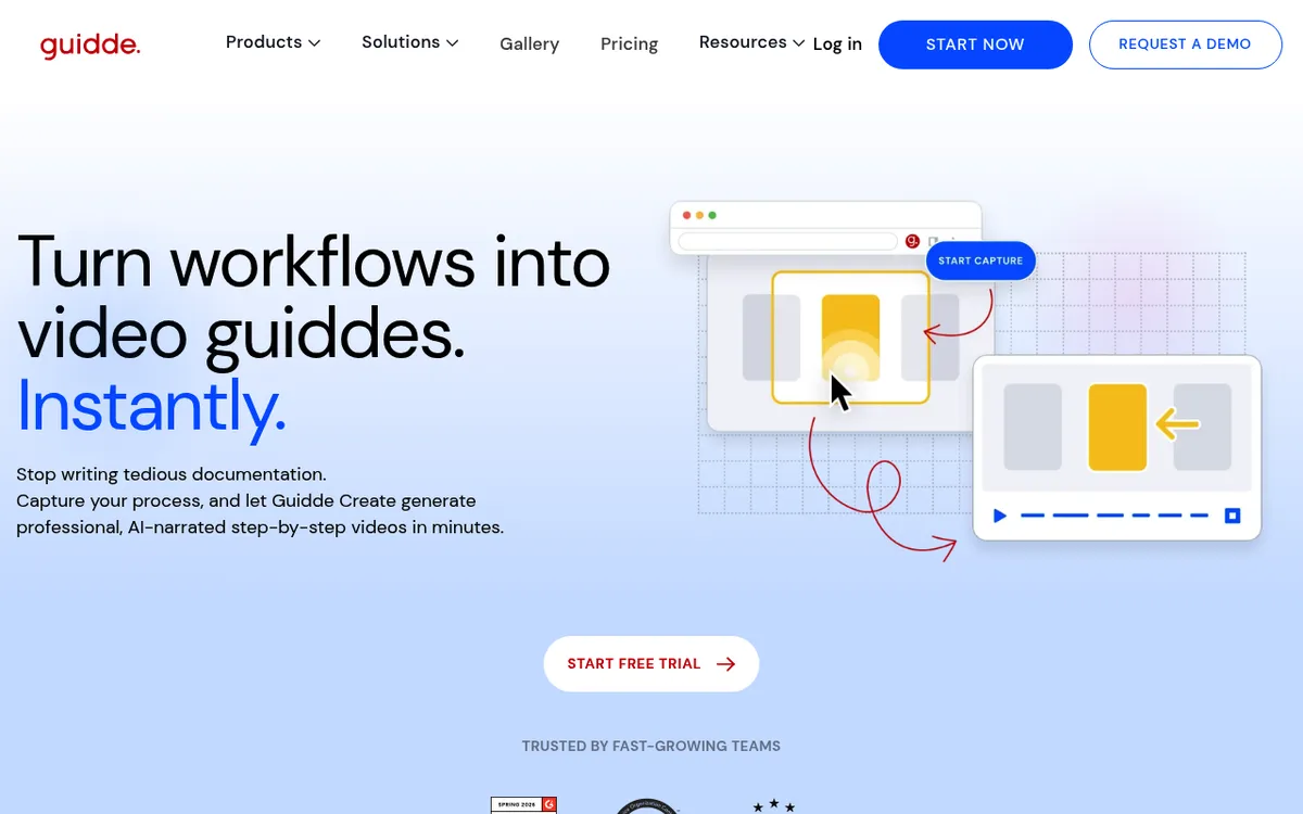 Guidde homepage, an AI tool that turns recorded workflows into narrated step by step video guides