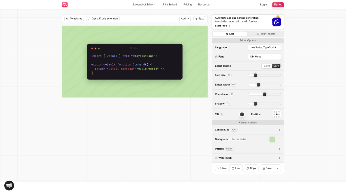 Pika Code — code image generator with unique background patterns