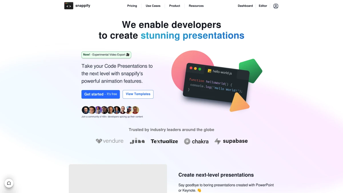 Snappify homepage — code to image tool with animations