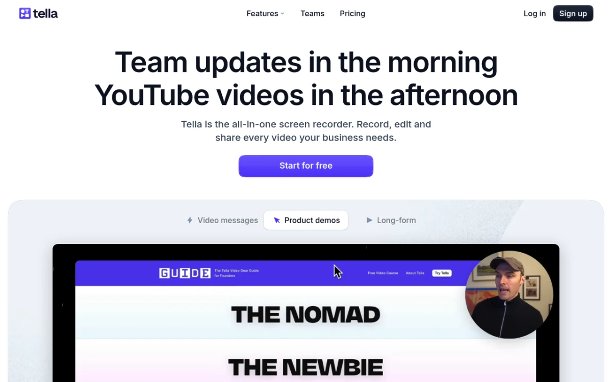 Tella homepage with polished design-first video tool layouts and webcam framing