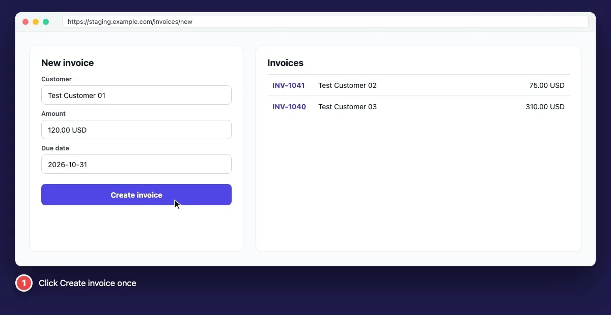 Animated GIF of a double-click bug creating two invoices during a test case run