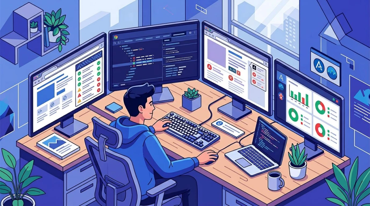 Isometric illustration of a developer's desk showing accessibility audit panels, dev tools, and a magnifying glass over a webpage