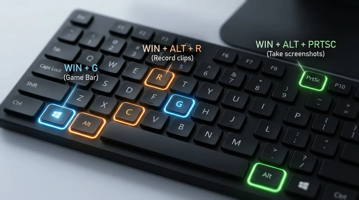 Windows keyboard with Xbox Game Bar shortcuts highlighted including Win plus G, Alt plus R, and Alt plus PrtSc keys