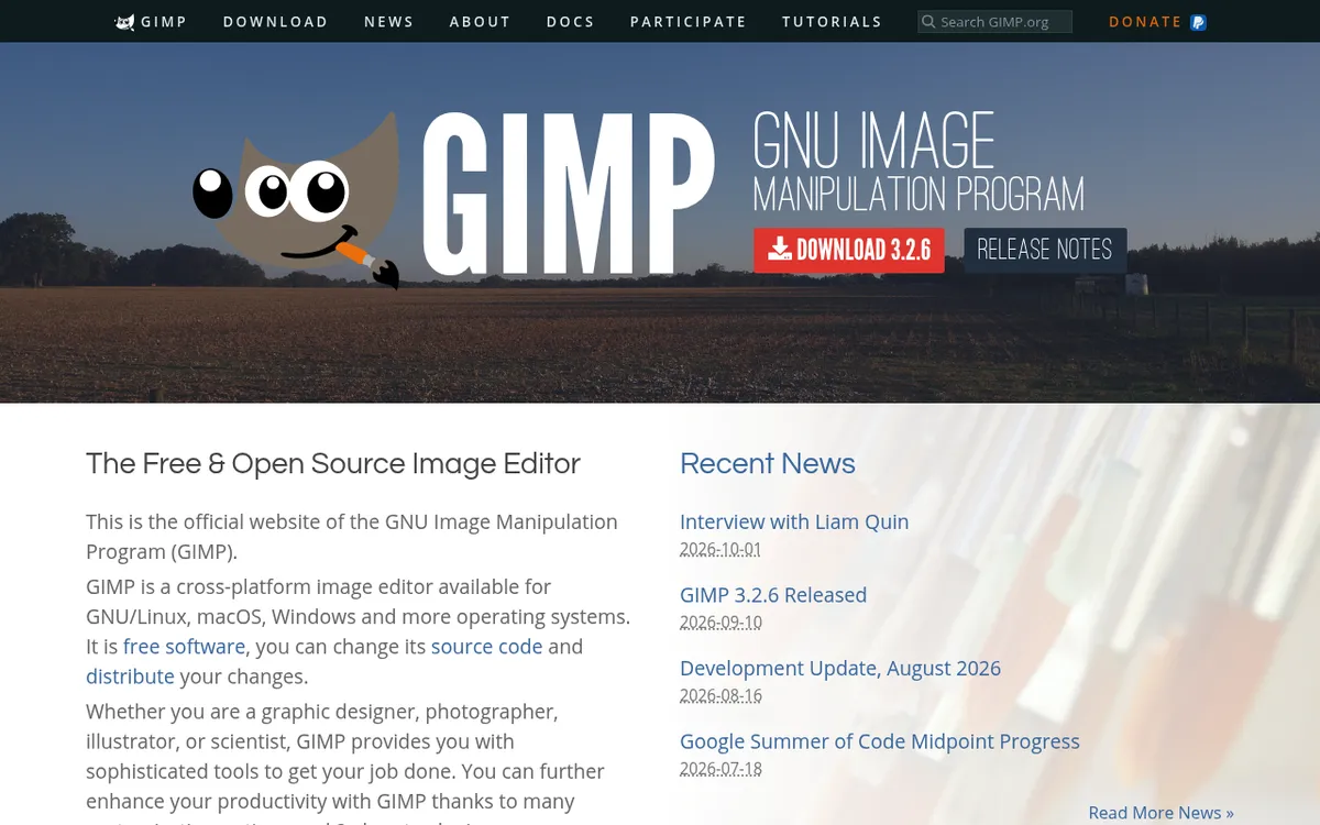 GIMP official homepage with the Wilber mascot and a Download 3.2.6 button