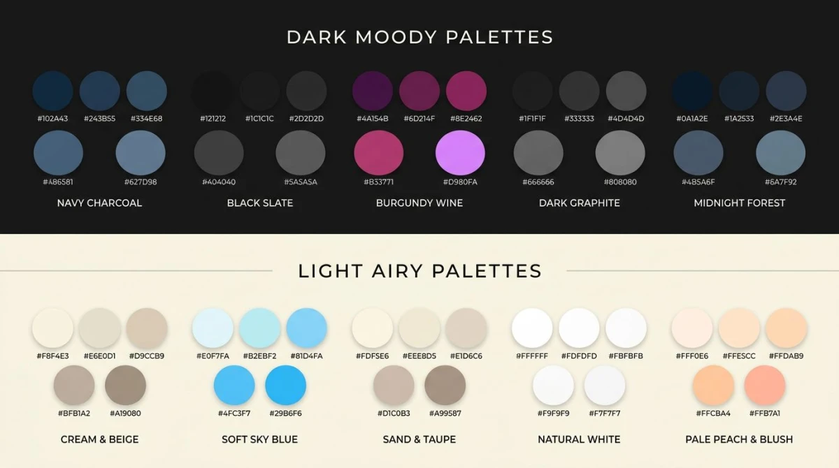 Five dark palettes paired with five light palettes