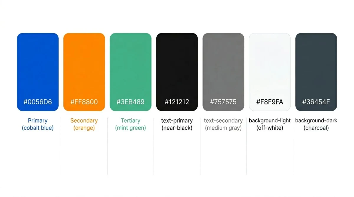 Seven-color website palette structure with hex codes