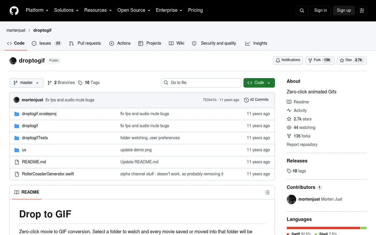 Drop to GIF GitHub repository page, a free Mac app that turns movies dropped onto it into GIFs