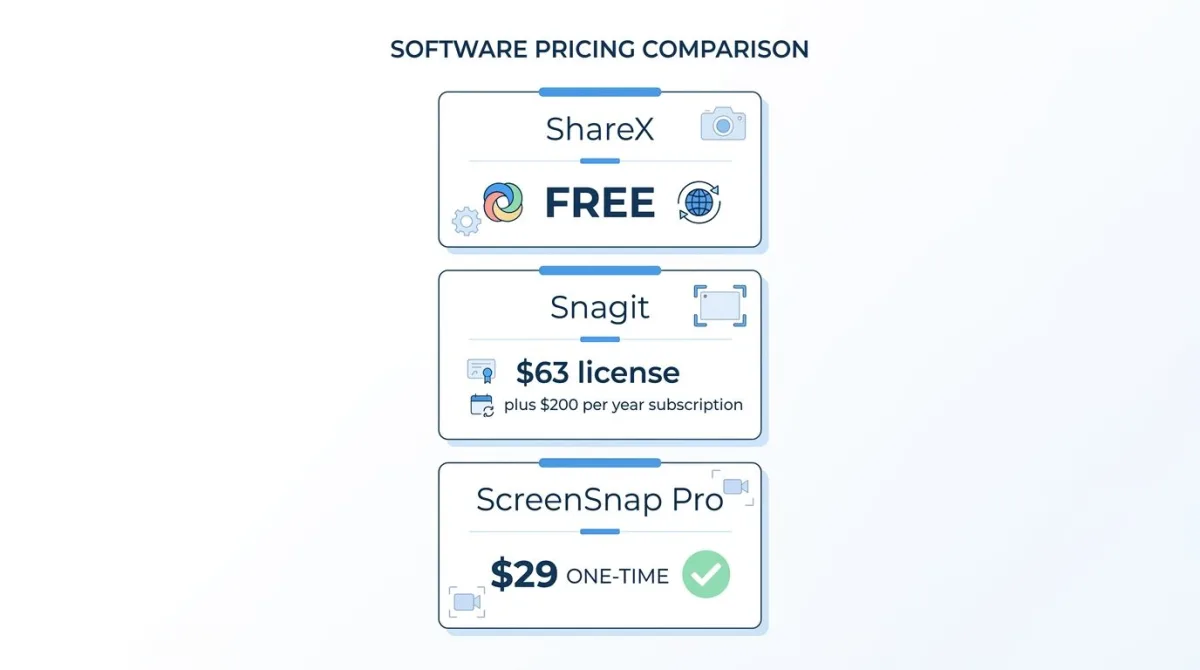 Preisvergleichskarte: ShareX kostenlos, Snagit 63 Dollar und ScreenSnap Pro einmalig