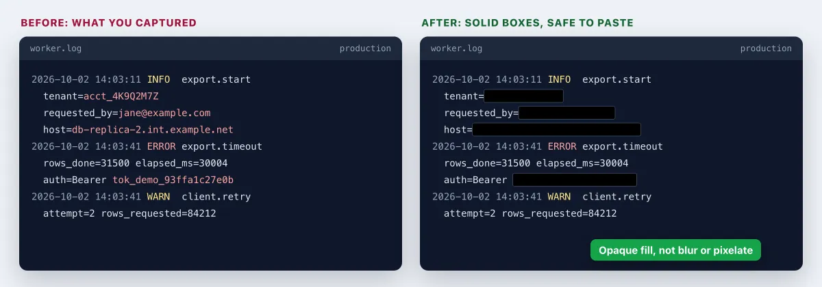 Log-Auszug vor und nach dem Schwärzen, mit E-Mail-Adressen, Tokens und Hostnamen unter deckenden Balken