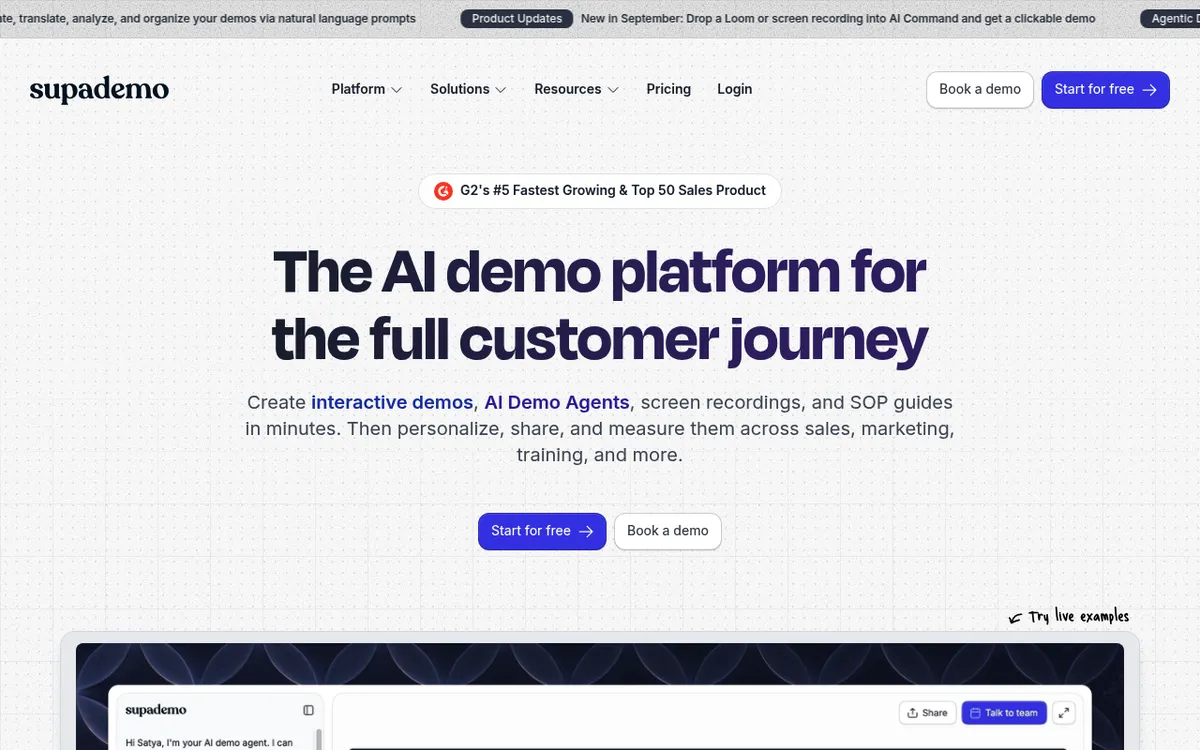 Supademo homepage, an AI interactive demo platform and Guidde alternative for product demos and guides