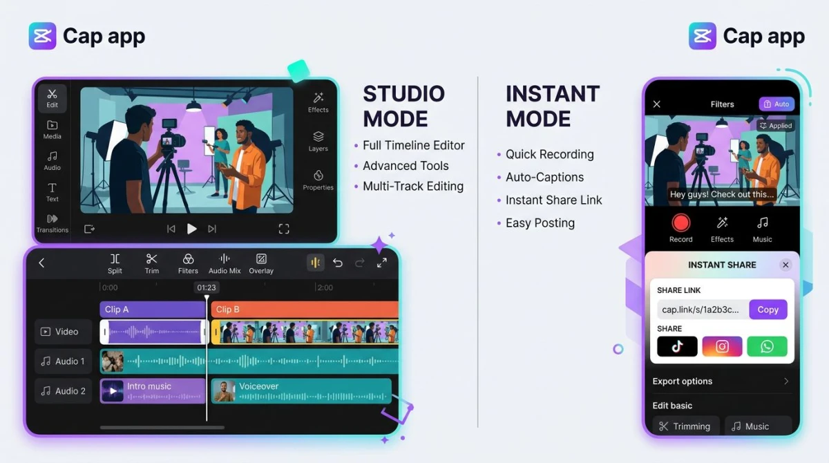 Cap Studio Mode timeline editor next to Instant Mode share link