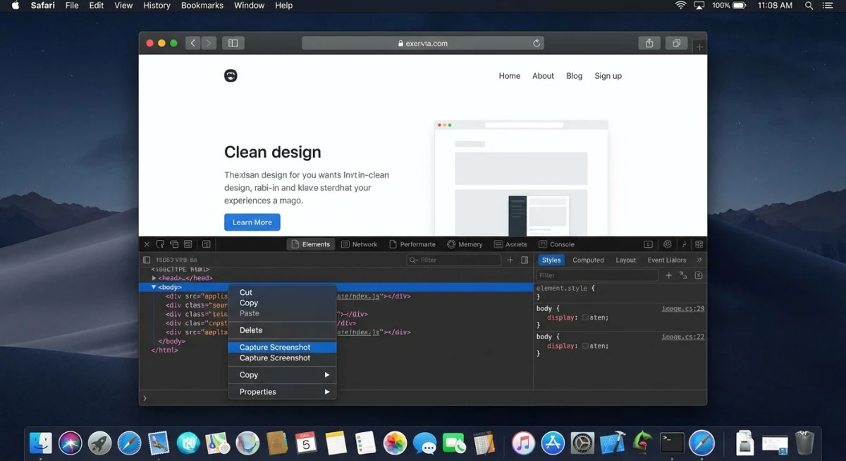 Safari Web Inspector full page screenshot capture method