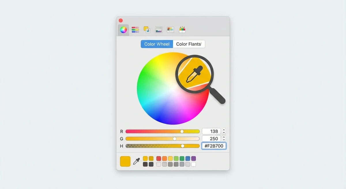 macOS system color picker panel with color wheel and eyedropper tool