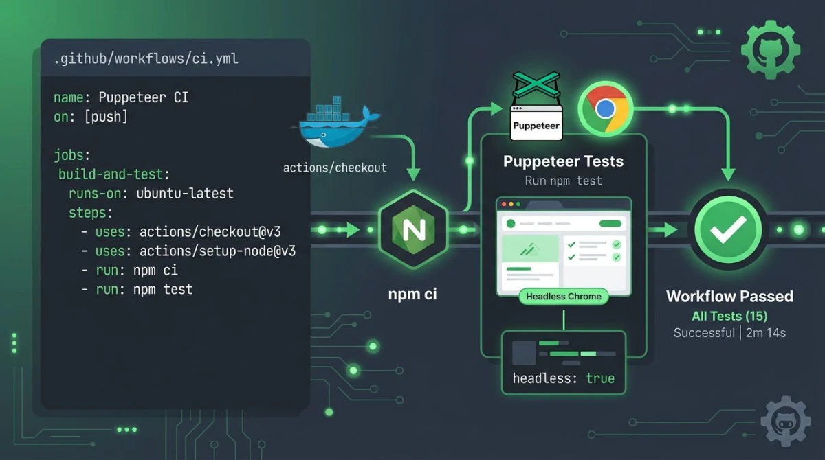 GitHub Actions Puppeteer CI workflow illustration