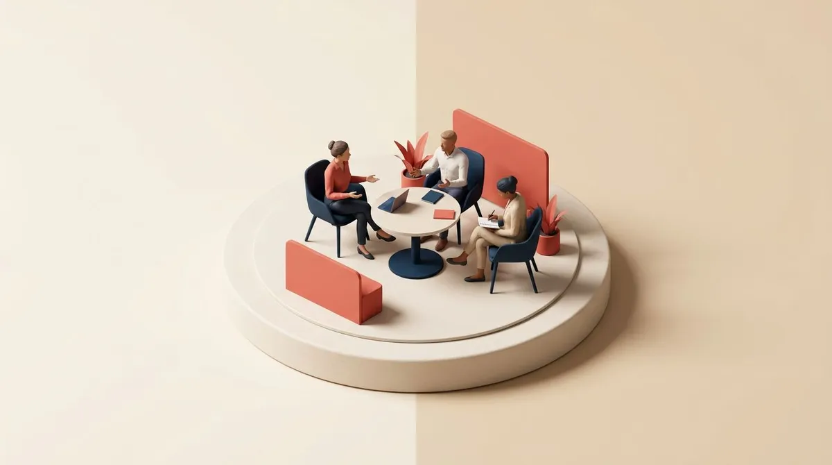 A private, calm disciplinary meeting with a manager, employee, and note-taker