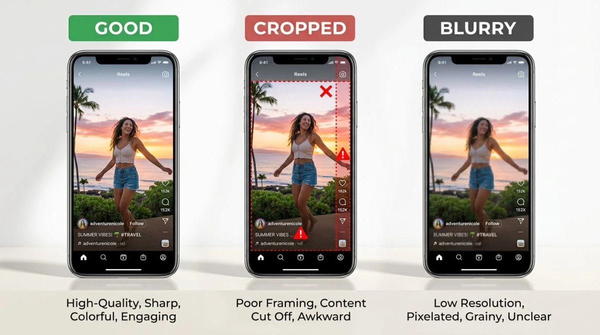 Side-by-side comparison of Instagram Reels and Stories phone mockups with key spec differences labeled