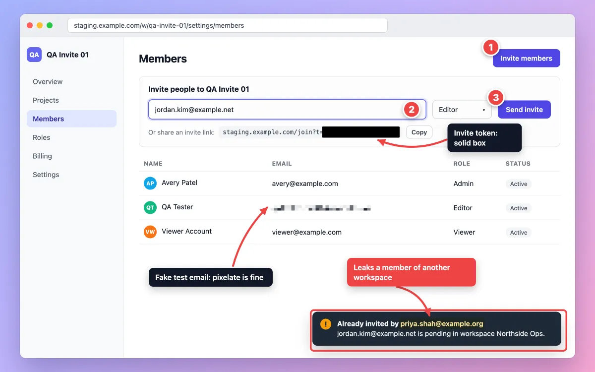 Annotated bug screenshot with numbered steps, a leaked email arrow and a redacted invite token