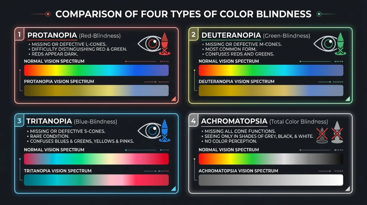 Infografik vergleicht vier Arten von Farbenblindheit und deren Auswirkungen auf die Farbwahrnehmung