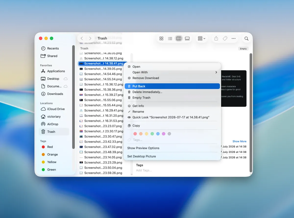 Put Back option in the macOS Trash context menu restoring a deleted screenshot