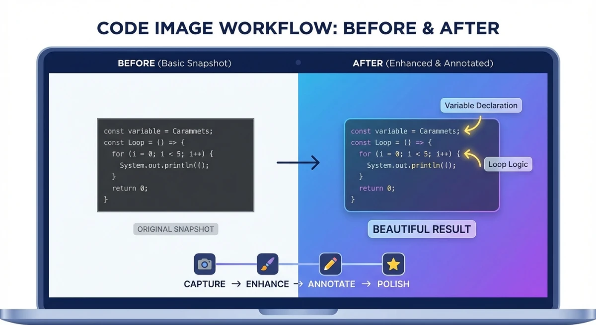 Workflow showing code image being enhanced with professional backgrounds