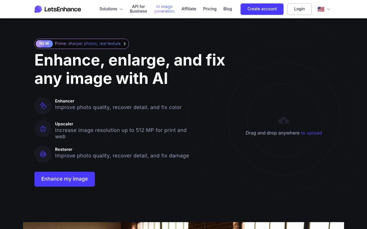Let's Enhance homepage showing the AI image enhancer for professional workflows