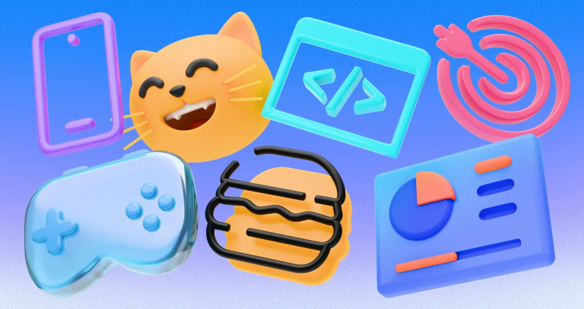 Colorful 3D icons including a code window, game controller, cat emoji, and dashboard on a blue gradient