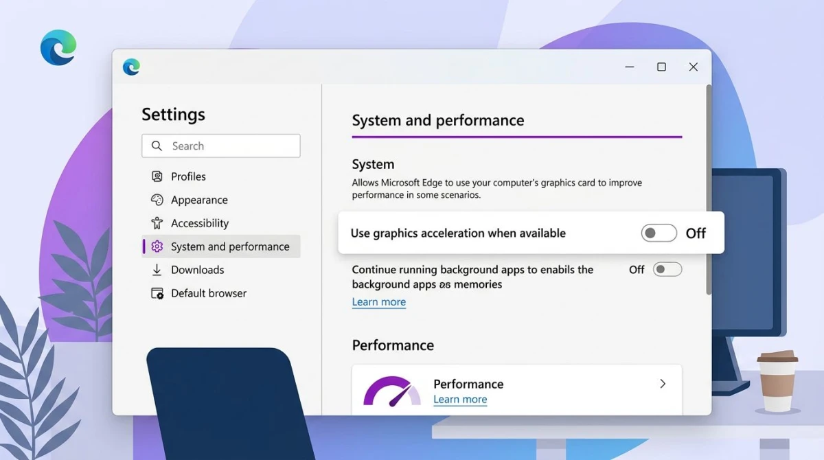 Windows 11 Edge browser settings with hardware acceleration toggle switched off