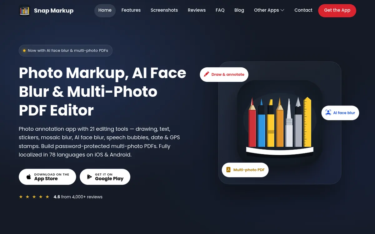 Snap Markup homepage, a photo annotation app with AI face blur for iPhone, iPad, and Android