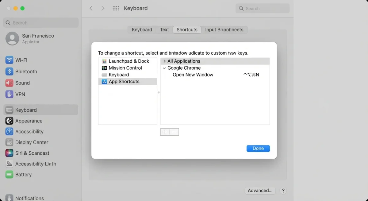 Customizing keyboard shortcuts in Mac System Settings