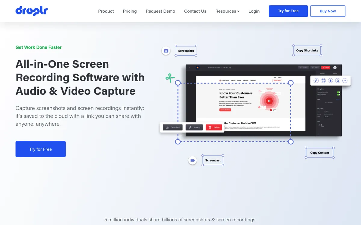 Droplr homepage, a screenshot and screen recording tool that saves captures to the cloud with a shareable link