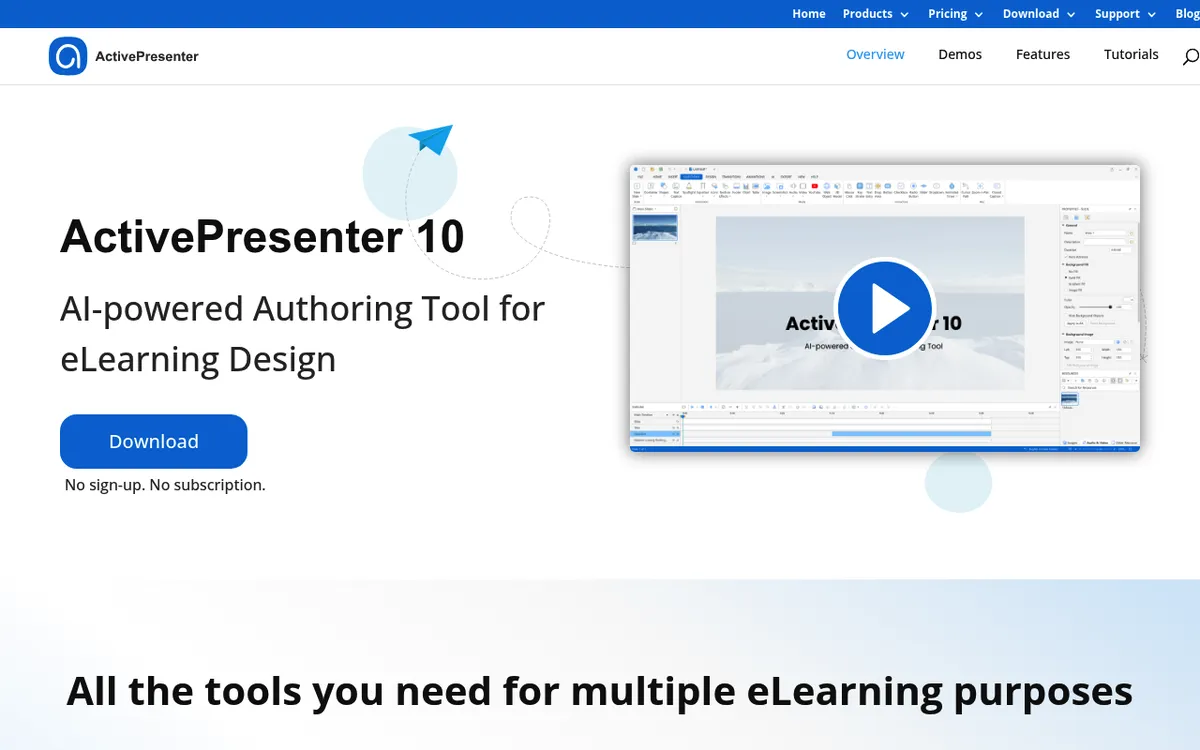 ActivePresenter 10 product page from Atomi Systems, an e-learning authoring and screen recording tool for Windows