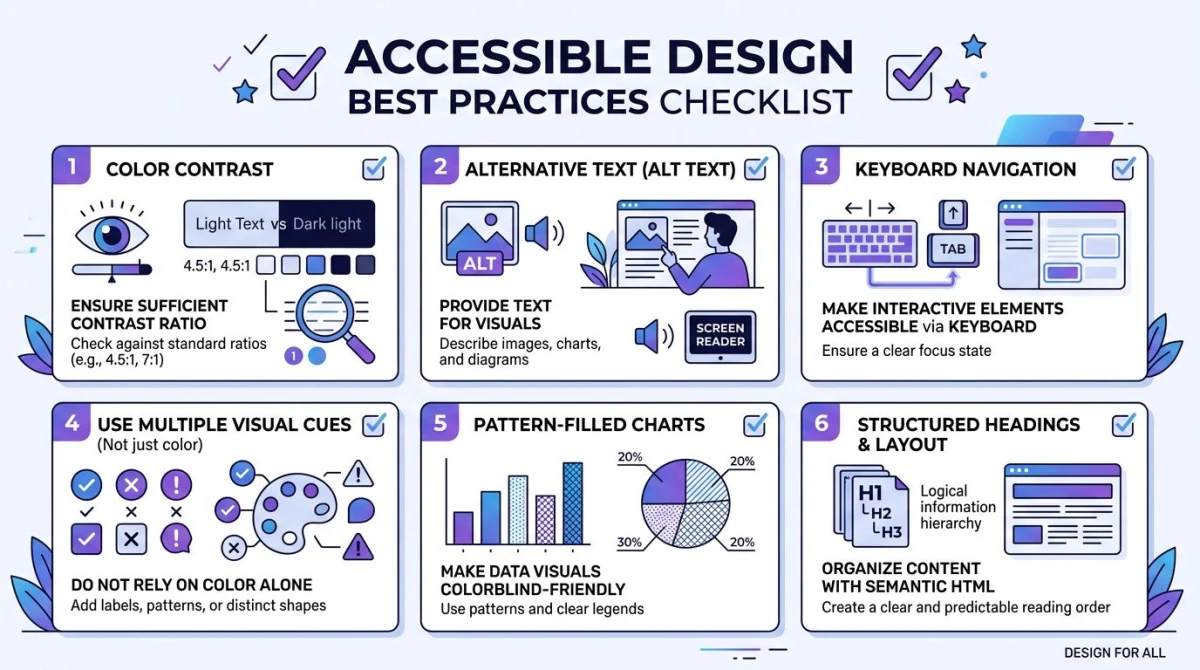 Best Practices für barrierefreies Design: Kontrast, Labels, Muster und mehrere visuelle Hinweise