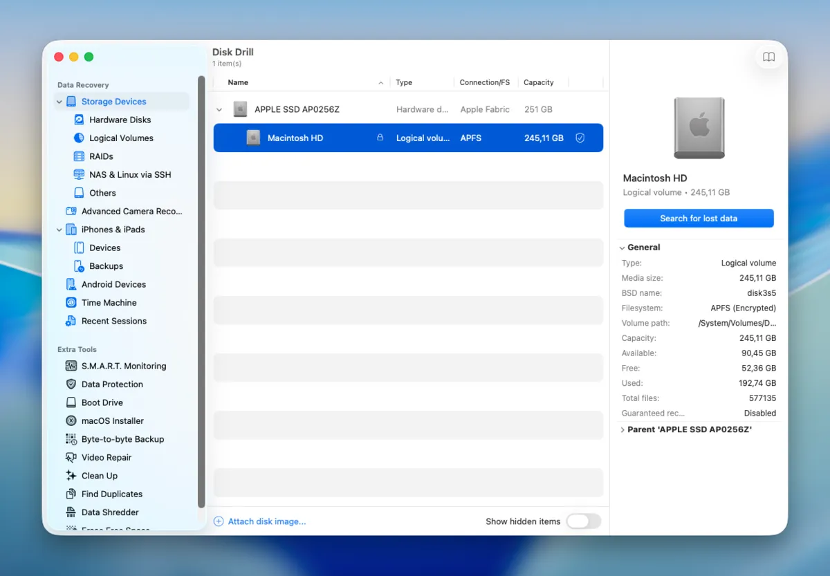Disk Drill for Mac with Macintosh HD selected and the Search for lost data button