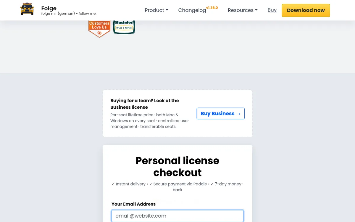 Folge pricing page, one of the Scribe alternatives, showing free, Personal and Business one-time license tiers