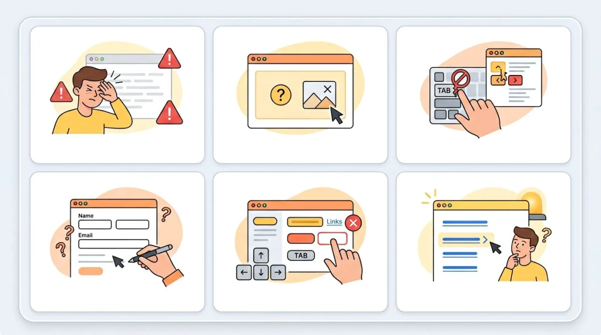 Grid of common web accessibility violations: low contrast text, missing alt text, broken keyboard, unlabeled form, hidden focus ring, and generic links