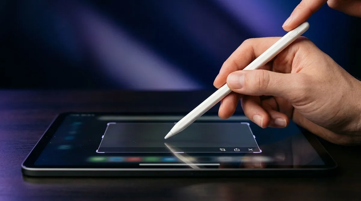 Surface Pen hovering above a tablet screen with a finger clicking the shortcut button on the top of the pen