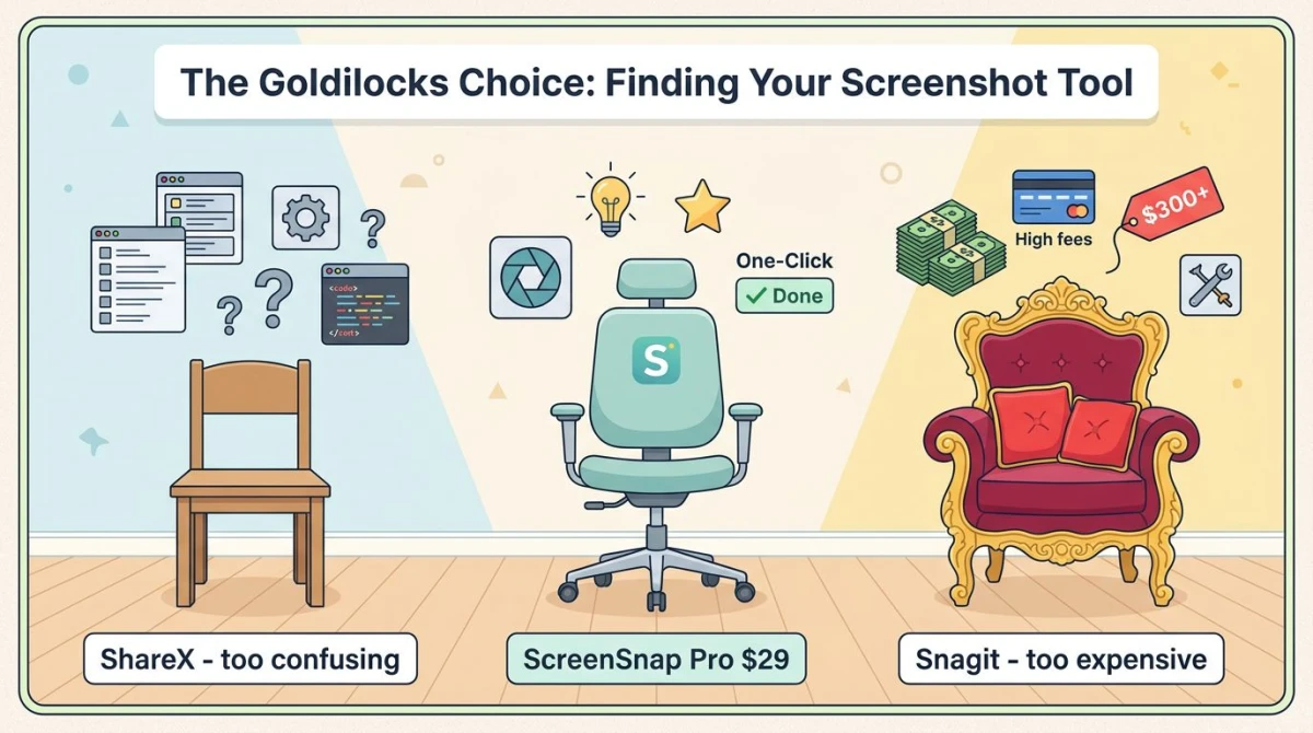 Die Goldlöckchen-Wahl: drei Stühle — ShareX zu verwirrend, Snagit zu teuer, ScreenSnap Pro genau richtig