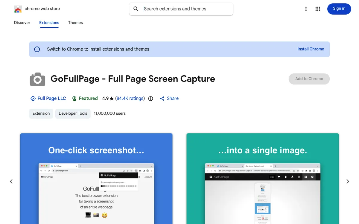 GoFullPage Chrome Web Store listing, a one click full page screenshot extension with 11 million users