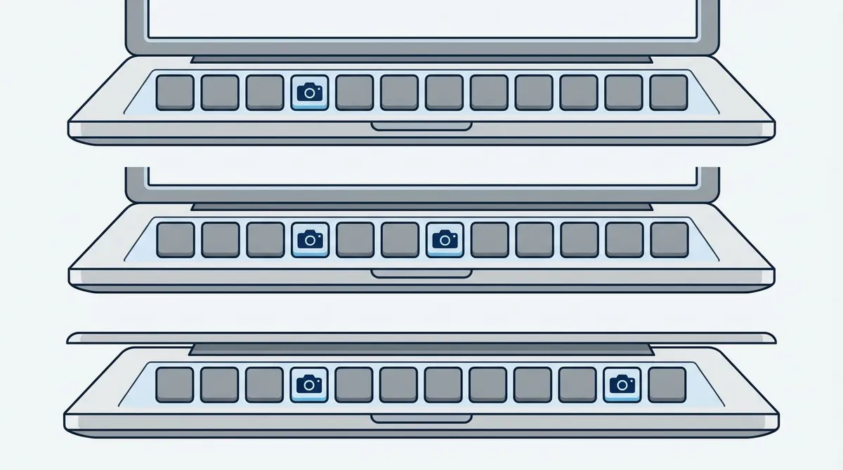Three laptop function rows stacked vertically with the capture key marked in a different position on each