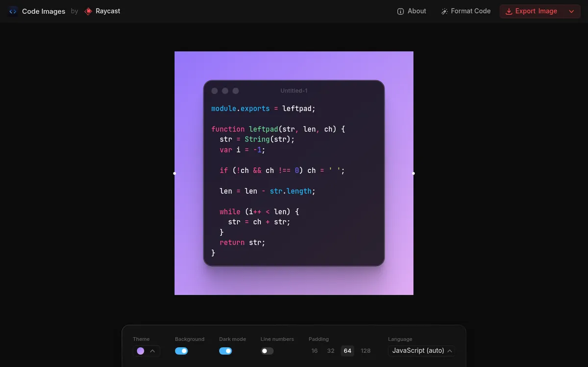Ray.so Code Images by Raycast, a free web tool for code screenshots on gradient backgrounds