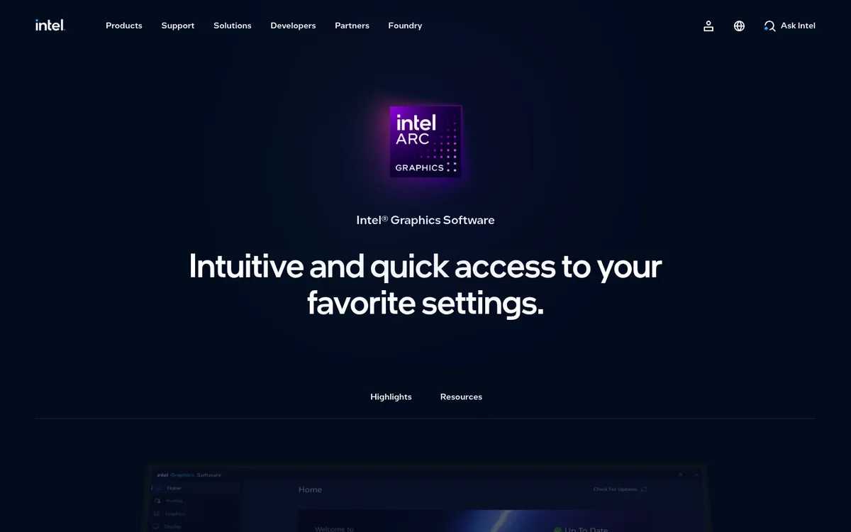 Intel Graphics Software page on intel.com, the app that replaced Arc Control and has no game recorder