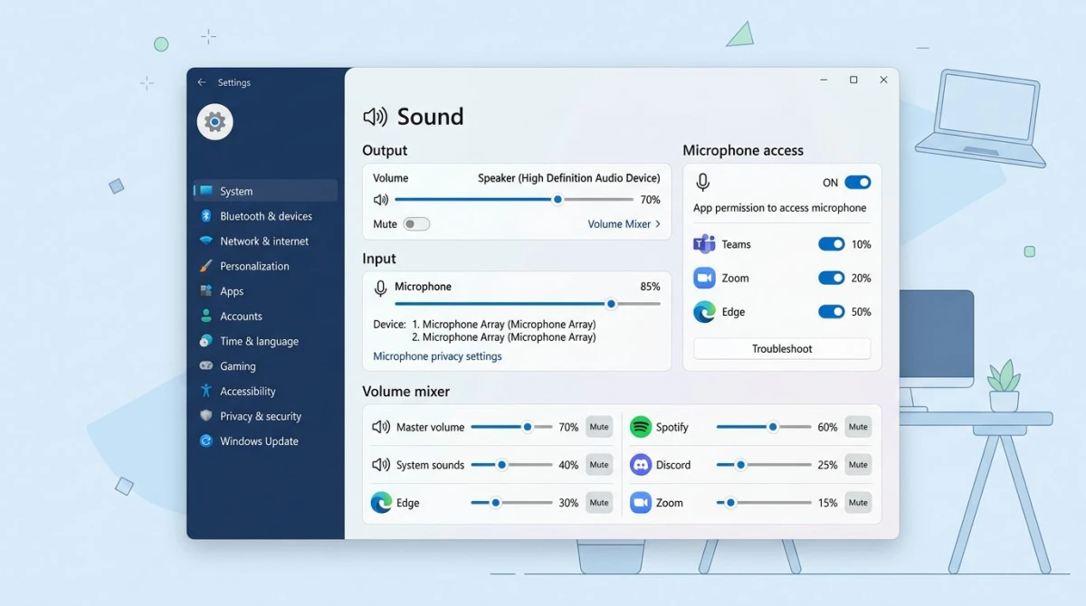 Windows audio settings and troubleshooting panel for fixing screen recording audio