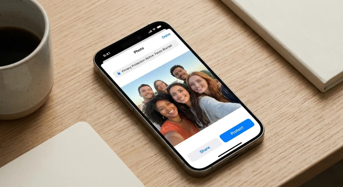 Mobile phone showing a photo with censored faces for privacy protection