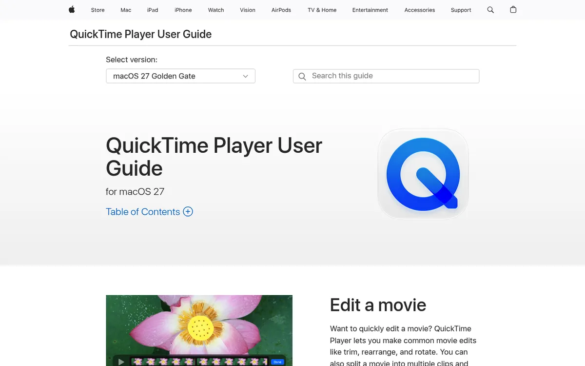 QuickTime Player User Guide on Apple Support with the QuickTime app icon, the free recorder built into every Mac