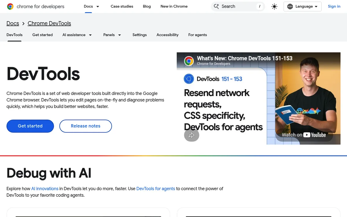 Chrome DevTools documentation homepage on Chrome for Developers, the browser's built in developer tools