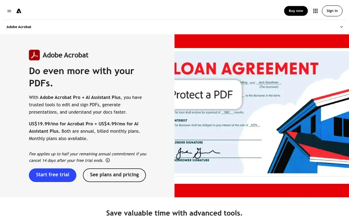 Adobe Acrobat Pro page with the headline Do even more with your PDFs, monthly pricing and a Start free trial button